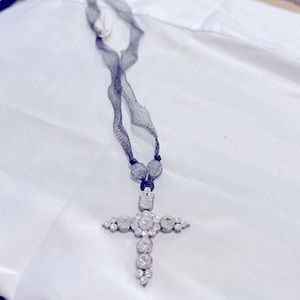 Swarovski crystal cross w lace neck- designer
